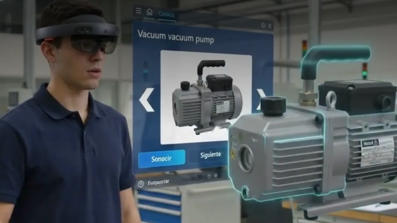 Alumno con gafas HoloLens practicando sobre una bomba de vacío con instrucciones en realidad mixta superpuestas