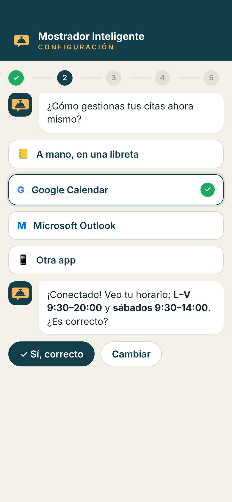 Configuración en el móvil: elegir Google Calendar para las citas