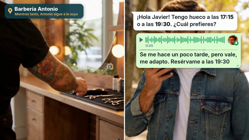 Javier envía una nota de voz pidiendo cita mientras el barbero trabaja