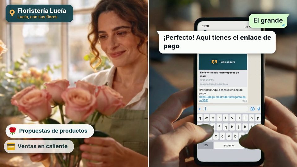 La florista prepara un ramo mientras un cliente compra por WhatsApp