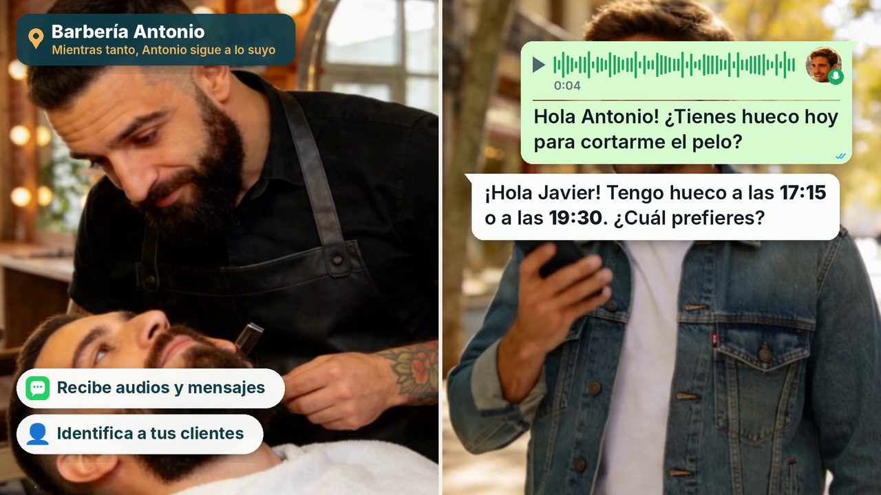 Escena del vídeo: una barbería y un cliente enviando una nota de voz por WhatsApp
